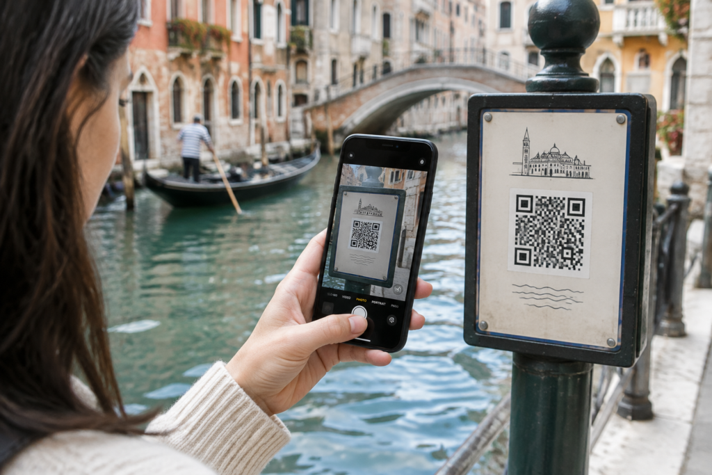 турист сканирует QR‑код на смартфоне возле канала