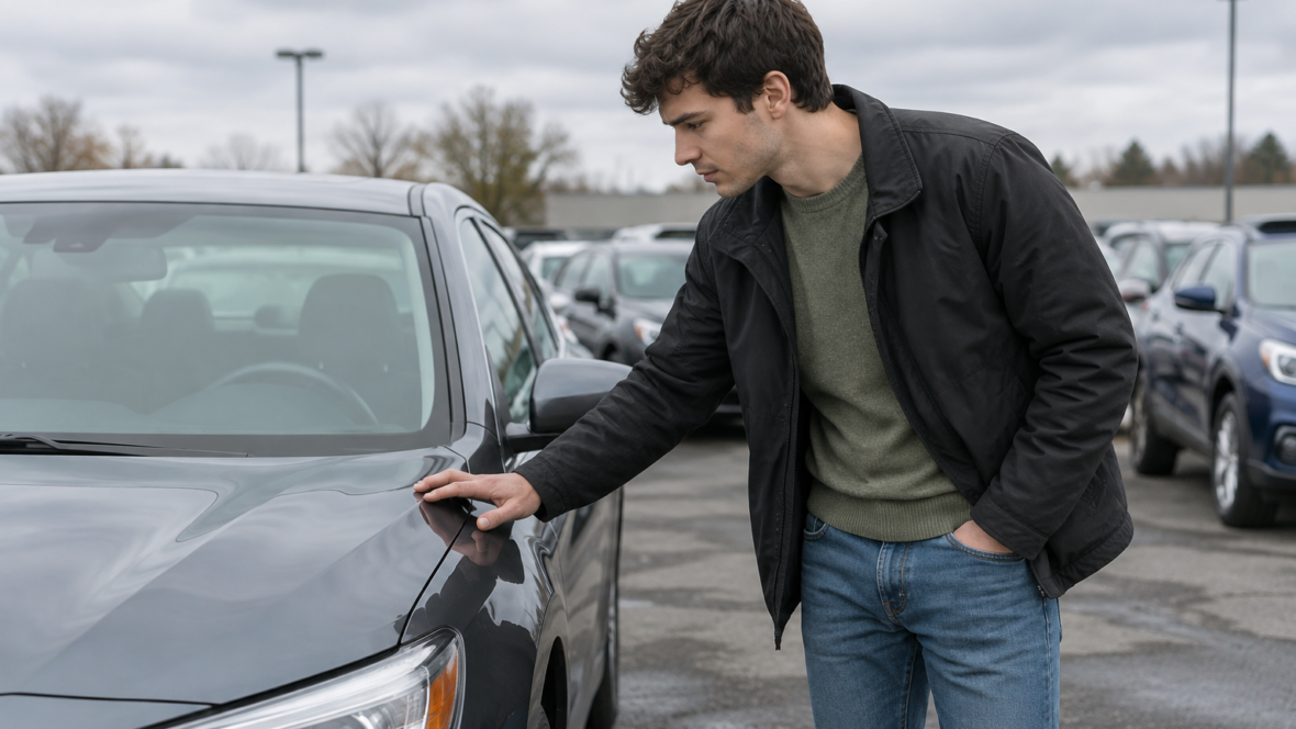молодий водій оглядає вживане авто