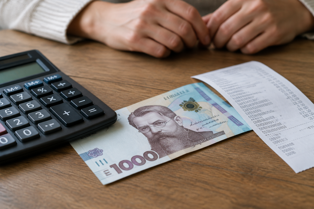 калькулятор, банкнота и квитанция на столе
