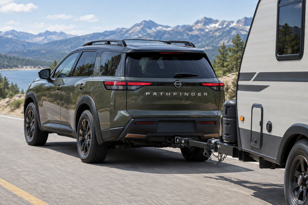 rear view with PATHFINDER lettering and tow hitch