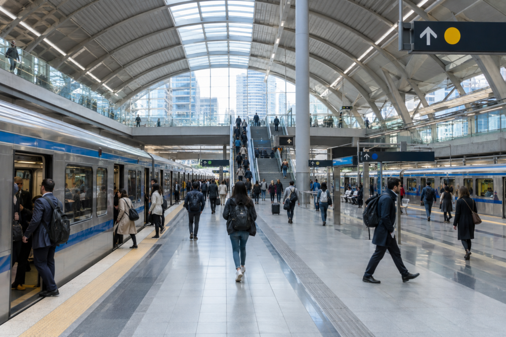 large metro station with trains and passengers