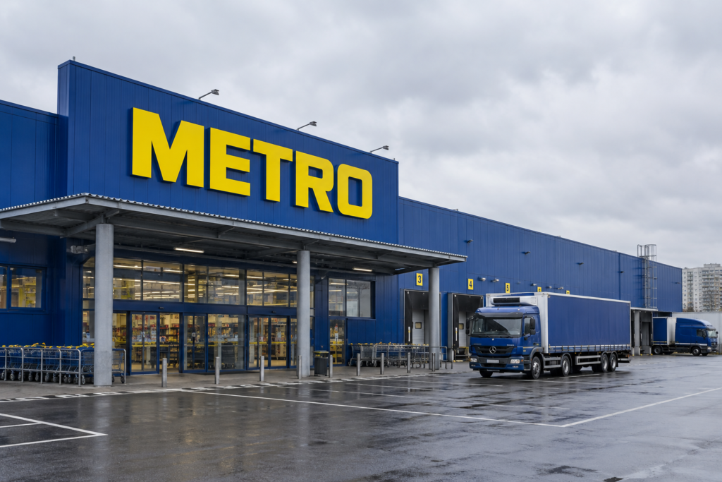 фасад магазину METRO з логотипом і вантажівками
