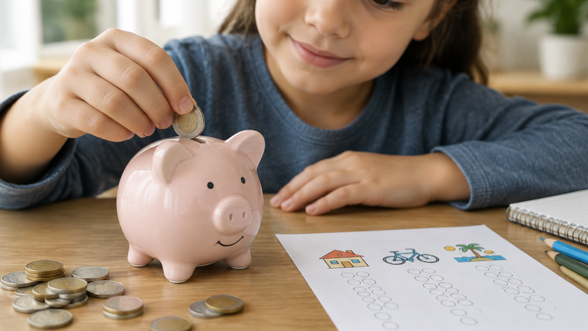 child putting coins into piggy bank with plan