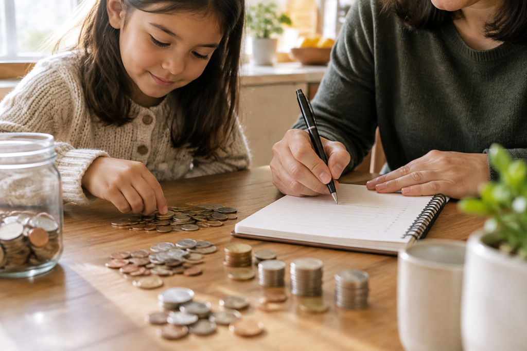 parent and child counting coins at table