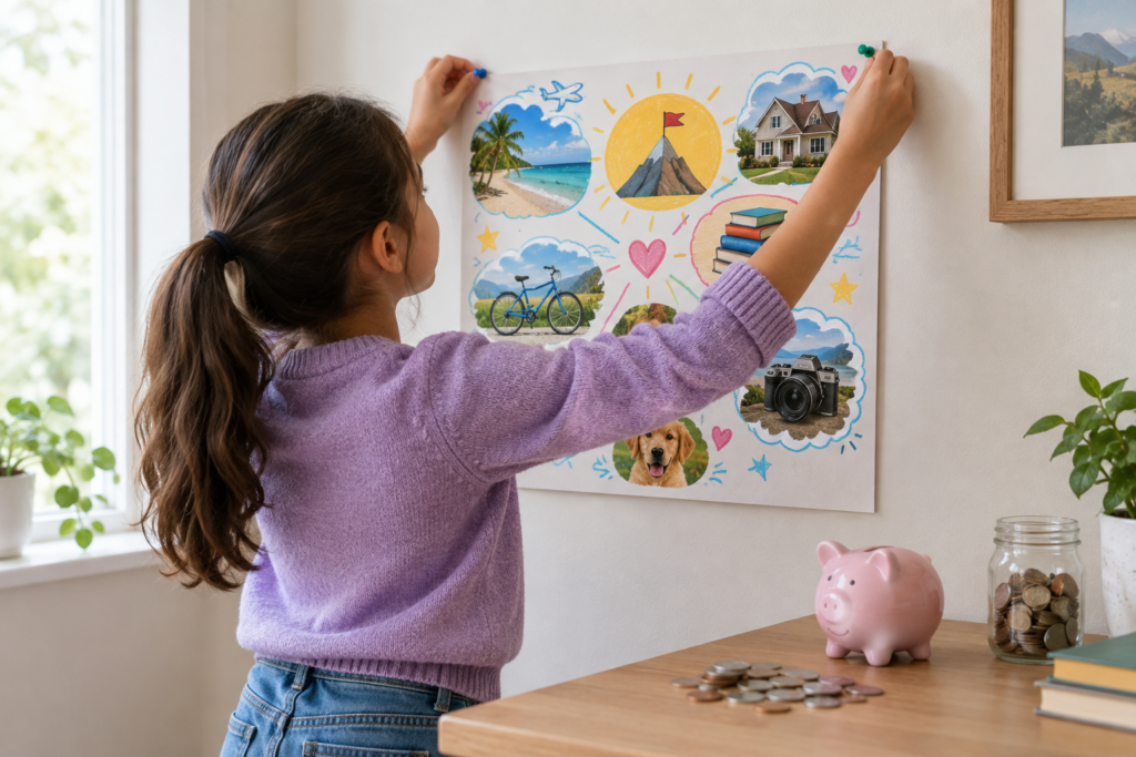 child creating a savings goal poster with piggy bank