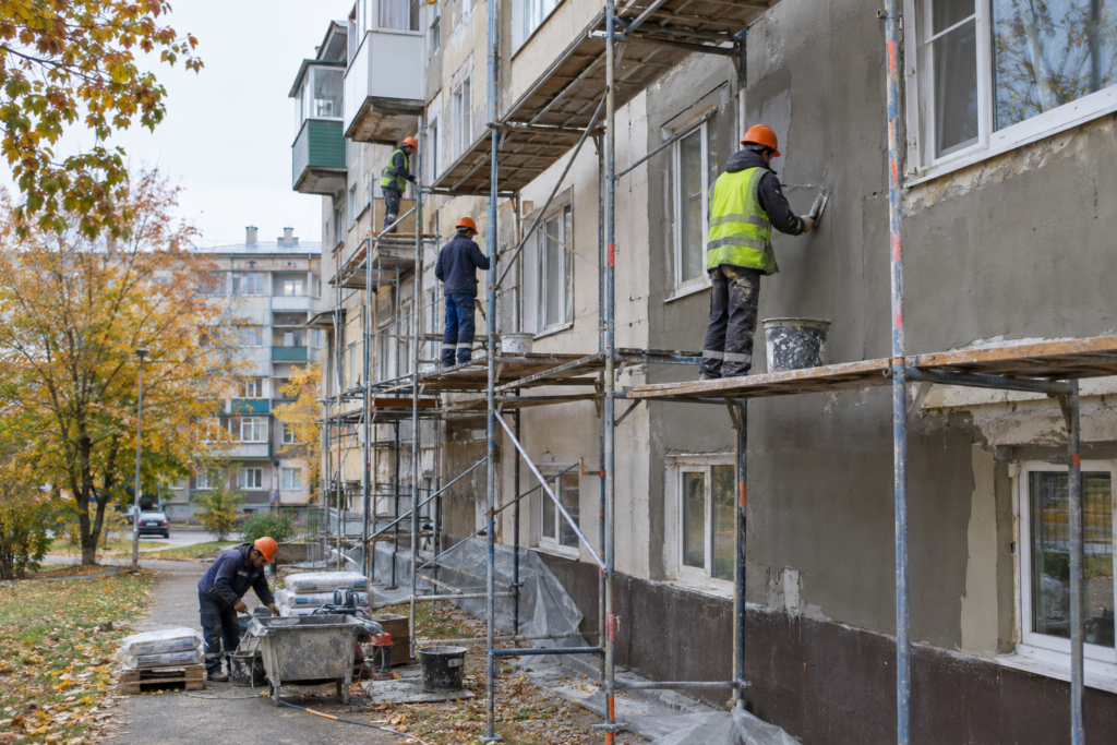 ремонт многоквартирного дома со строительными лесами и рабочими