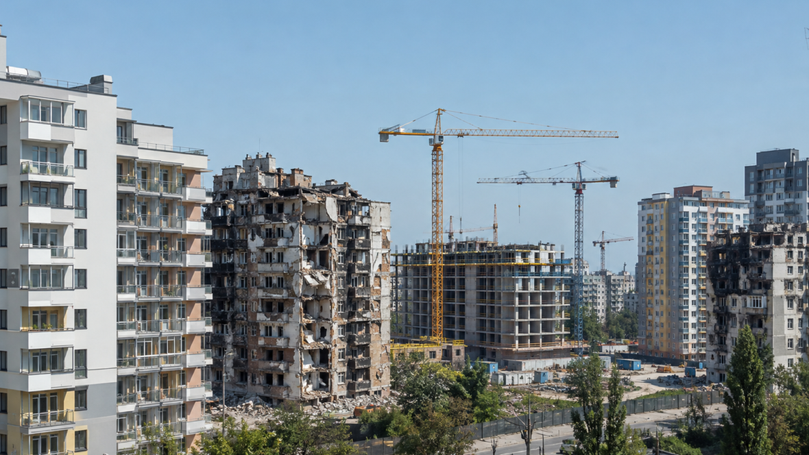 міський горизонт з відновленими і пошкодженими будинками