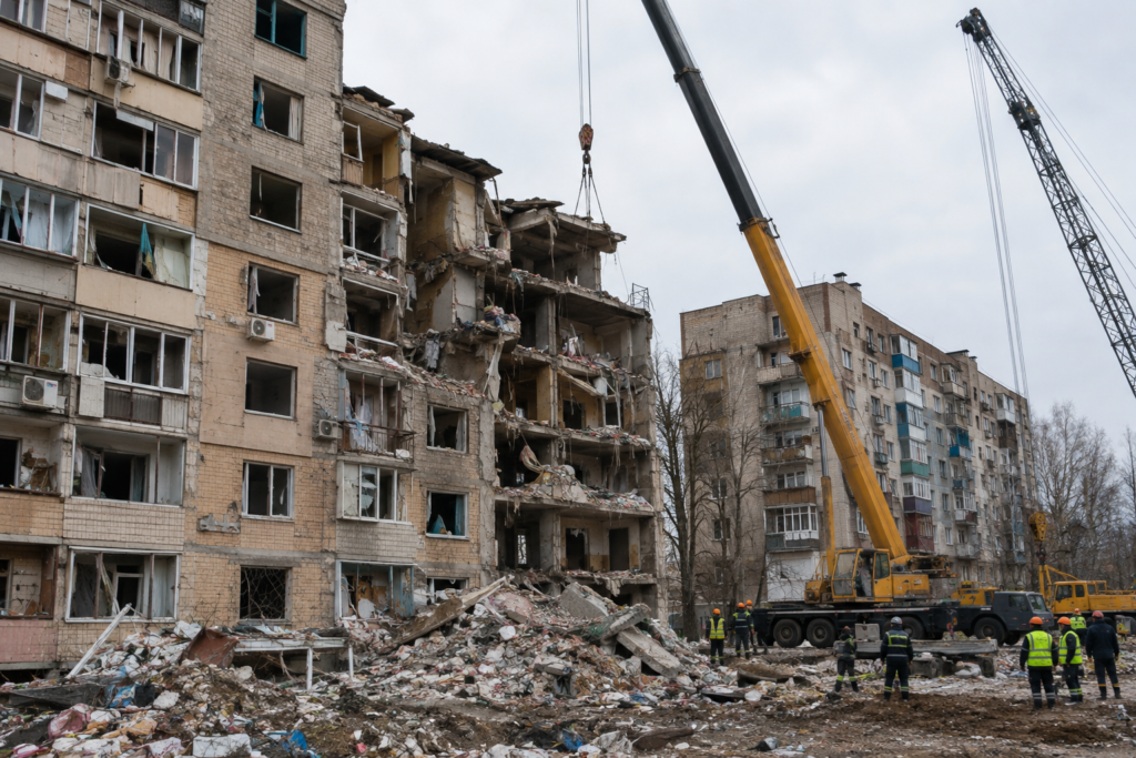 повреждённый многоквартирный дом с выбитыми окнами