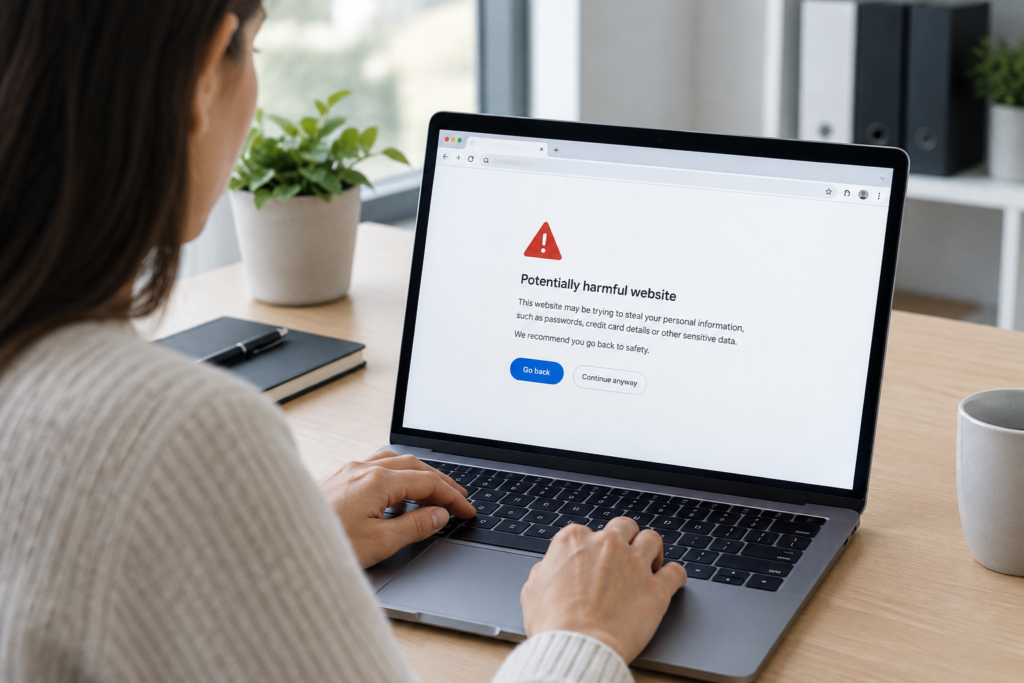 Laptop screen with Chrome security warning