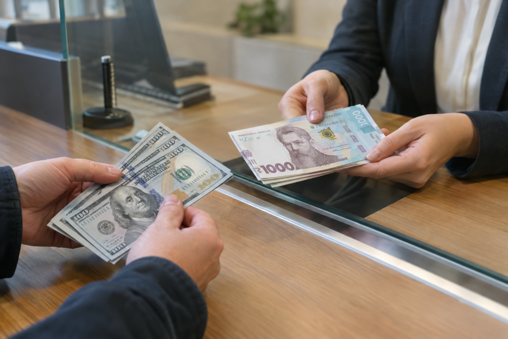 люди обмінюють долари у банківській касі