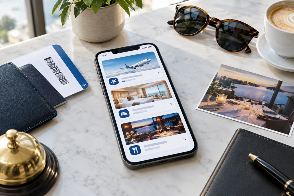 Smartphone with travel and booking apps on desk
