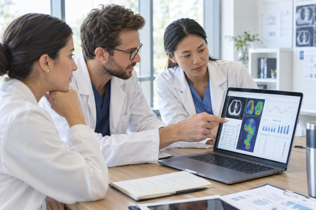 researchers reviewing clinical case discussions on a laptop