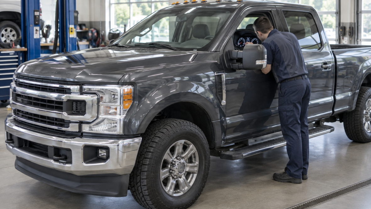 Ford Super Duty pickup in service area