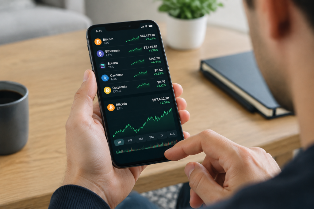 користувач переглядає курс криптовалют на смартфоні