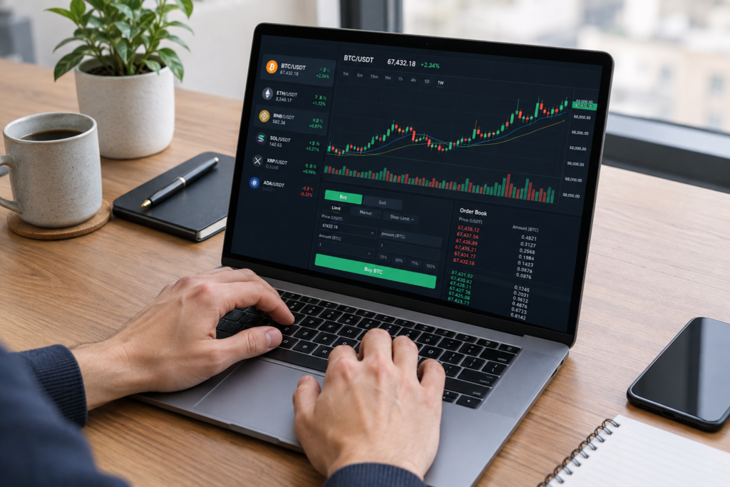 руки на ноутбуці з торговою платформою BTC USDT