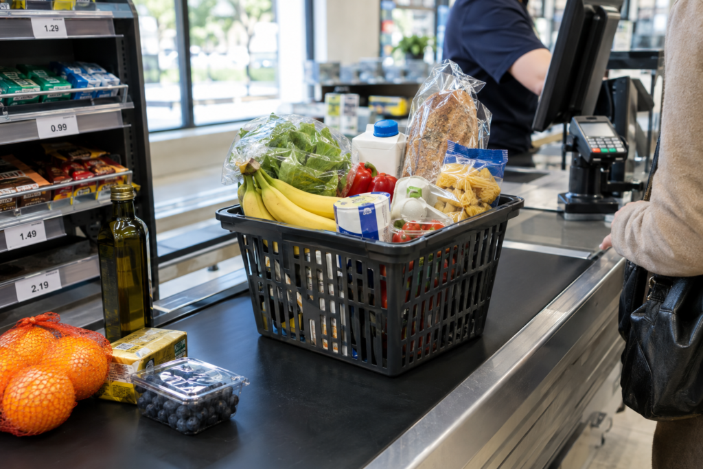 корзина с продуктами в супермаркете