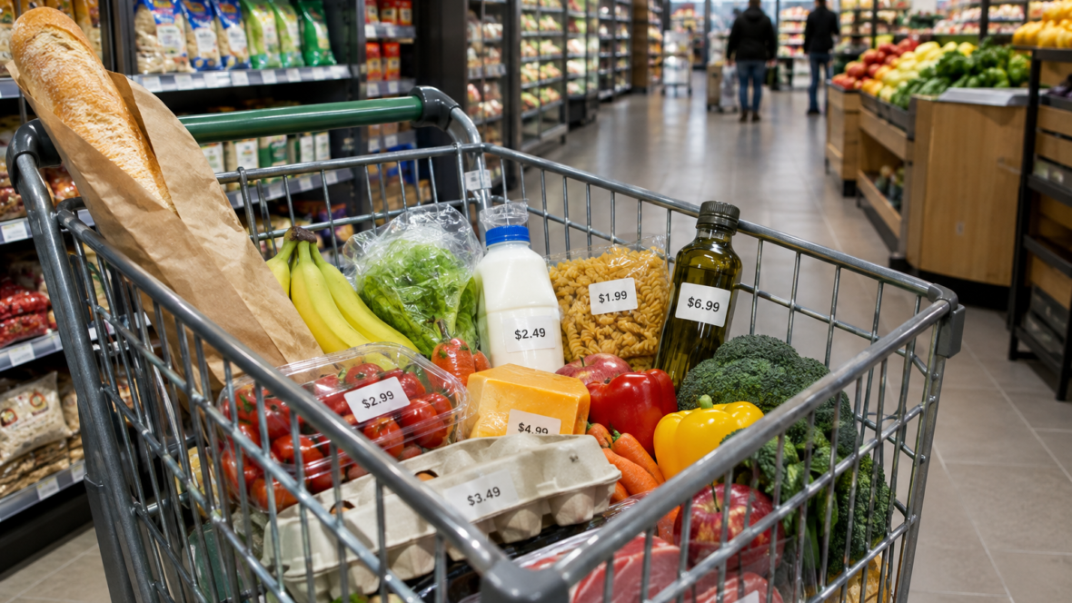 візок із продуктами та видимими цінниками