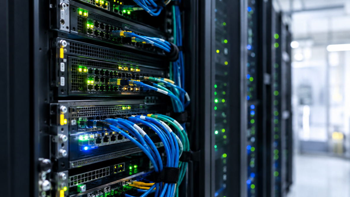 server racks with glowing indicators and cables