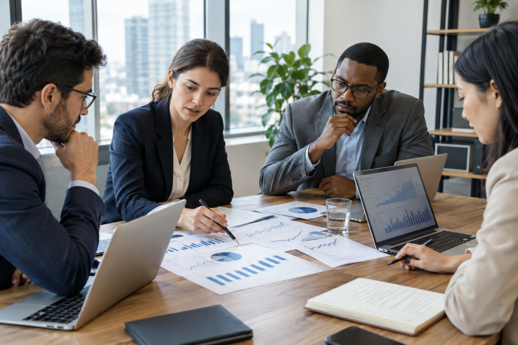 analysts reviewing economic charts and laptop