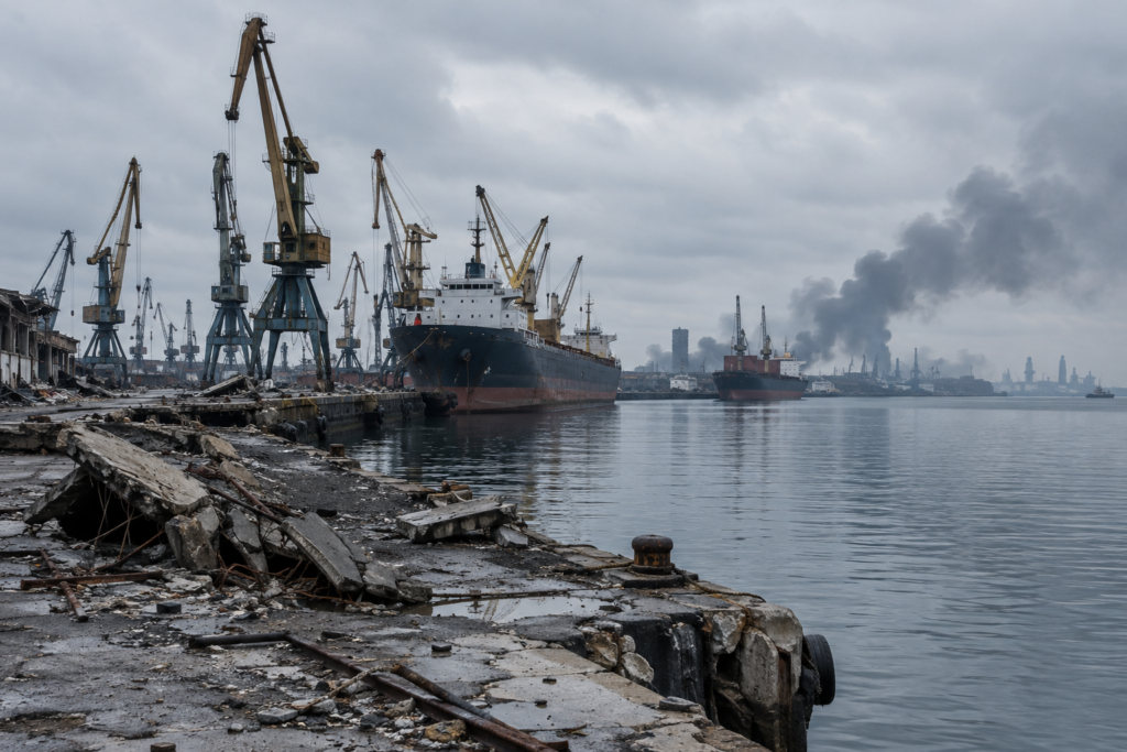 damaged port infrastructure and cargo ships