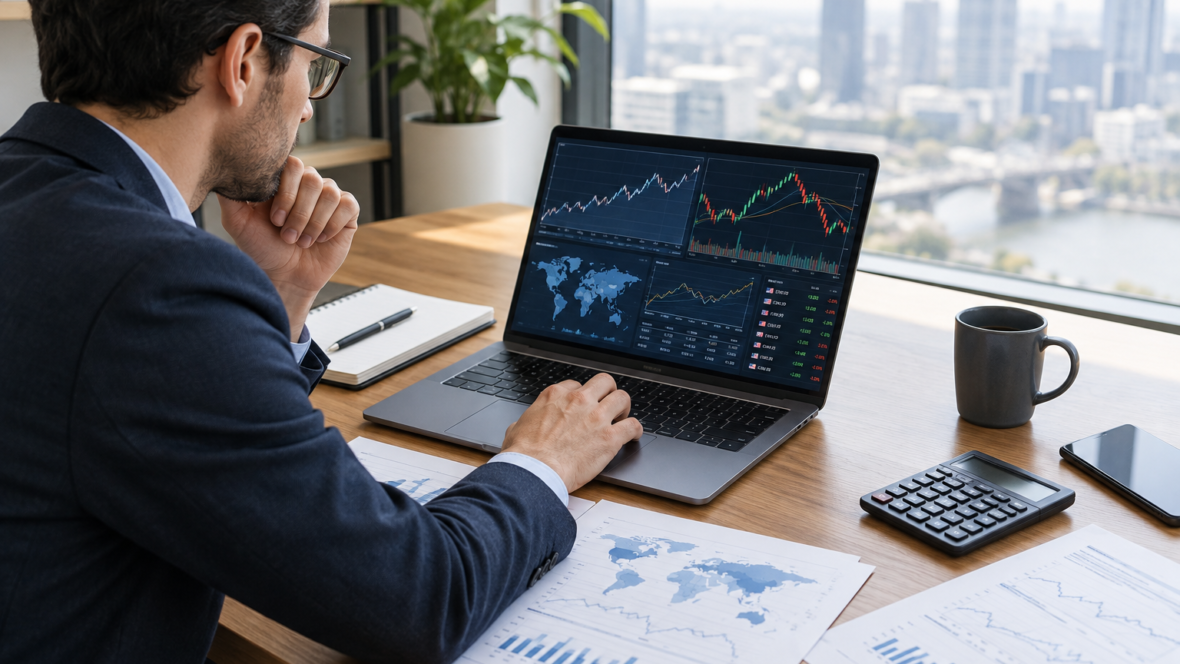 analyst studying economic charts and documents