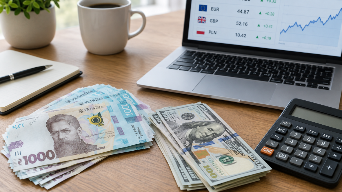 hryvnia and dollar banknotes on desk