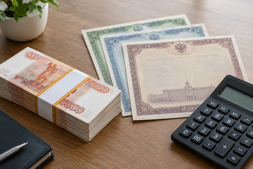 Рублевые банкноты и государственные облигации на столе с калькулятором
