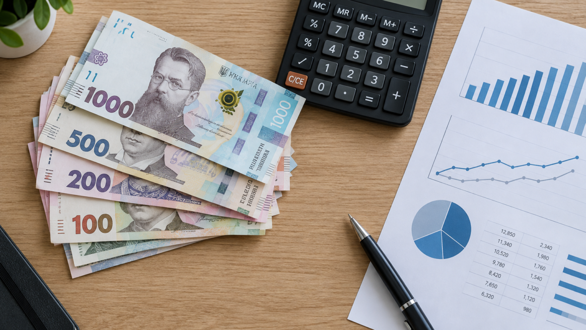 Гривні, калькулятор і фінансовий звіт на столі