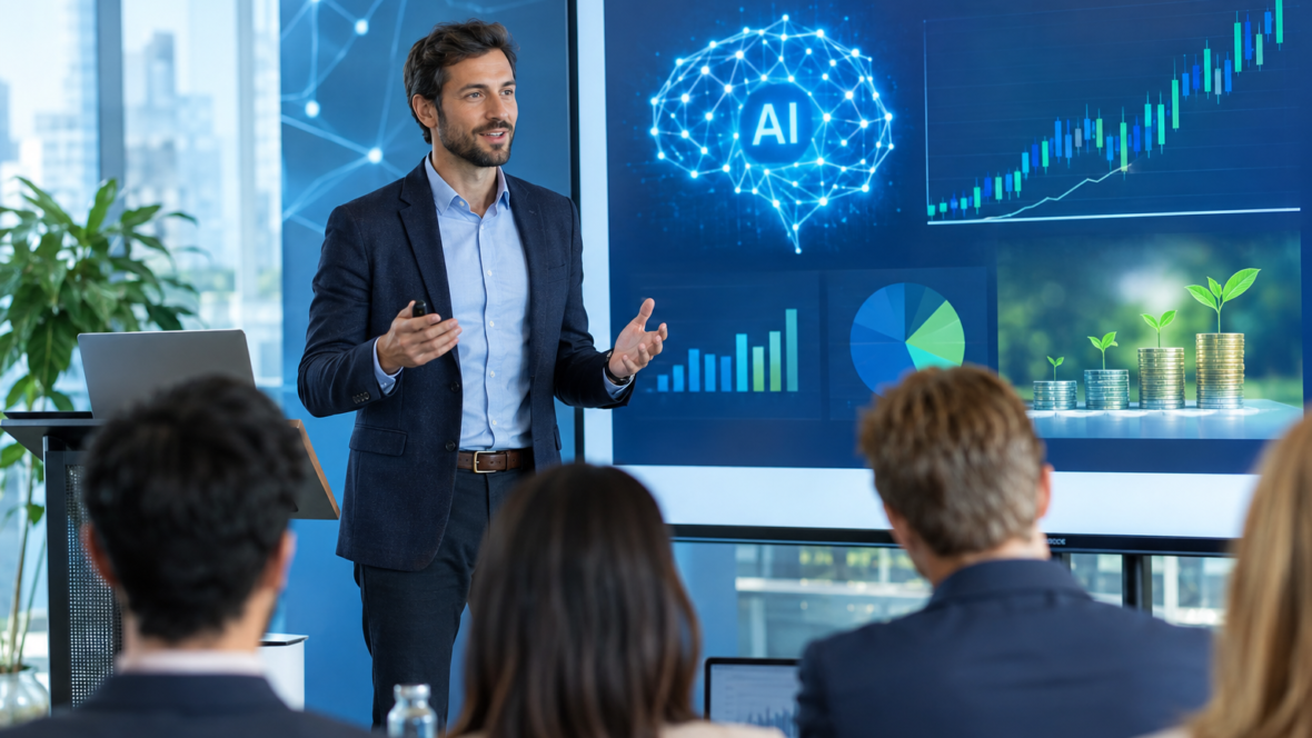 Speaker presenting AI investment slides and charts
