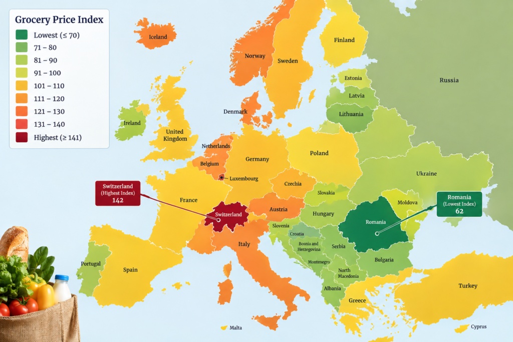 Map of Europe with grocery price indexes