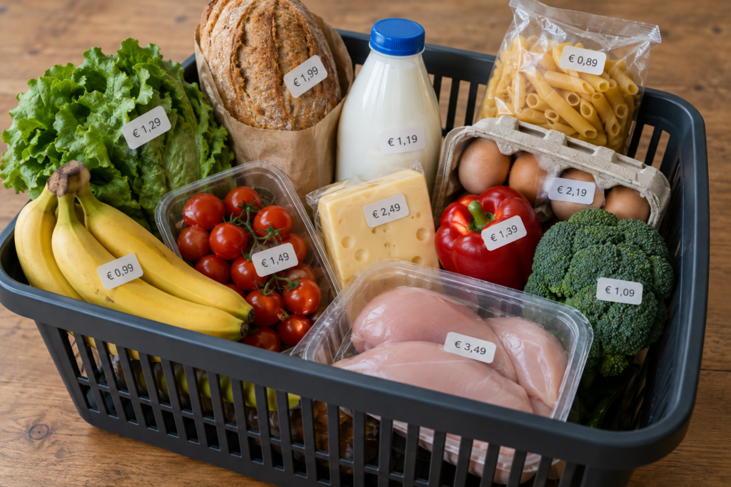 Shopping basket with euro price tags on table