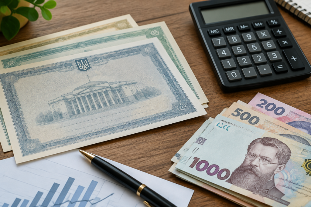 паперові облігації та гривні на столі
