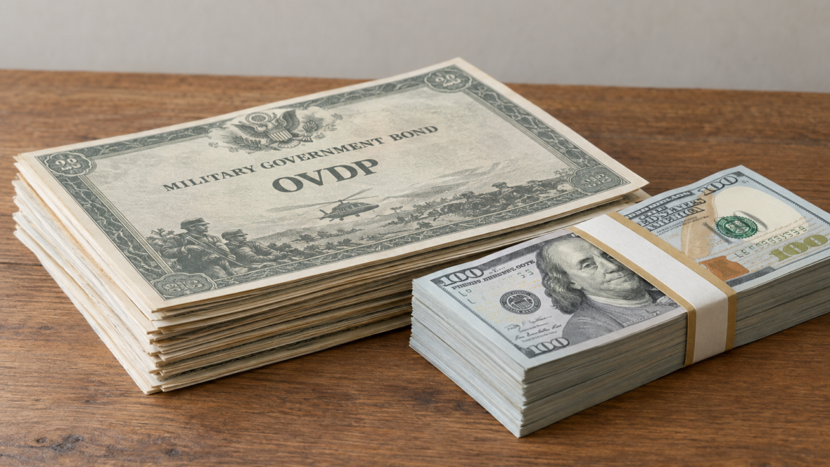 військові облігації і доларові банкноти на столі