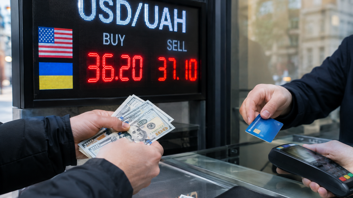 табло курсу долара і люди при обміні готівки