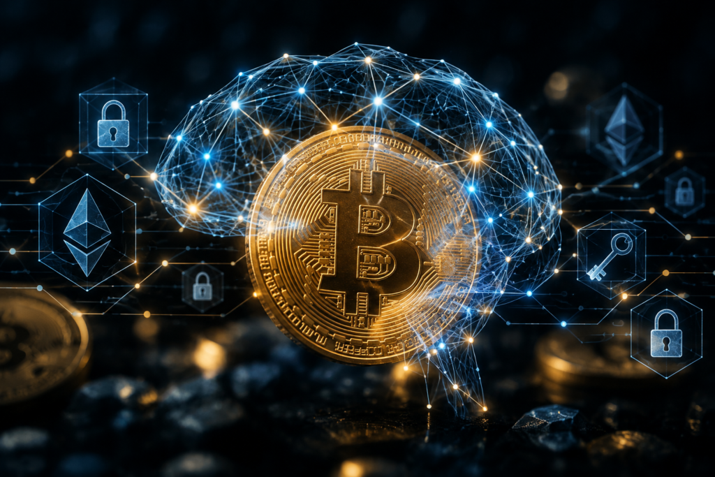 символы искусственного интеллекта над монетой биткойн