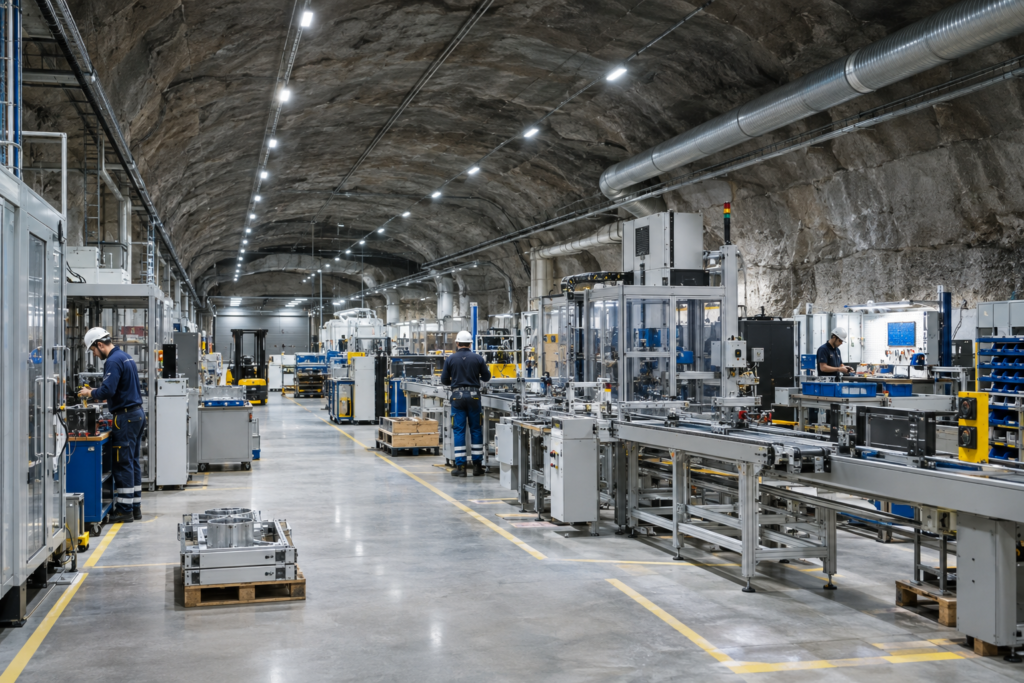 interior of underground factory with equipment and workers