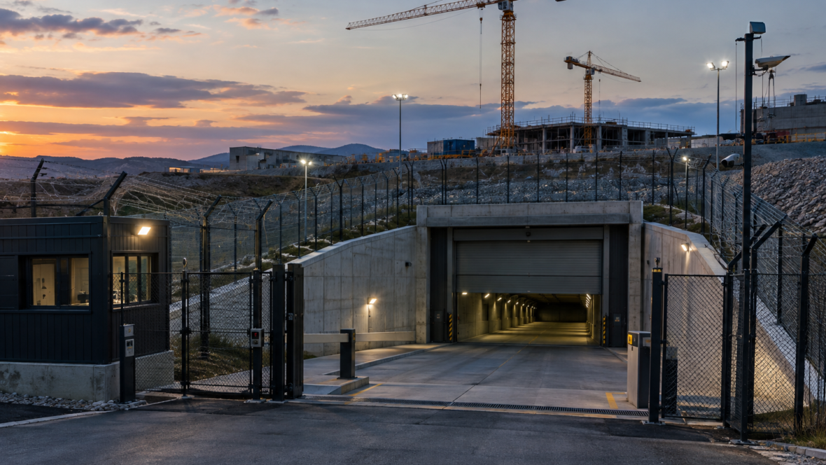 secure underground industrial complex entrance with cranes