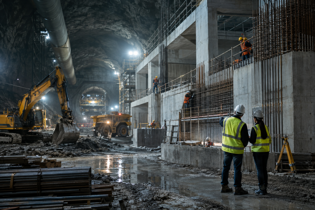 underground construction site with heavy machinery