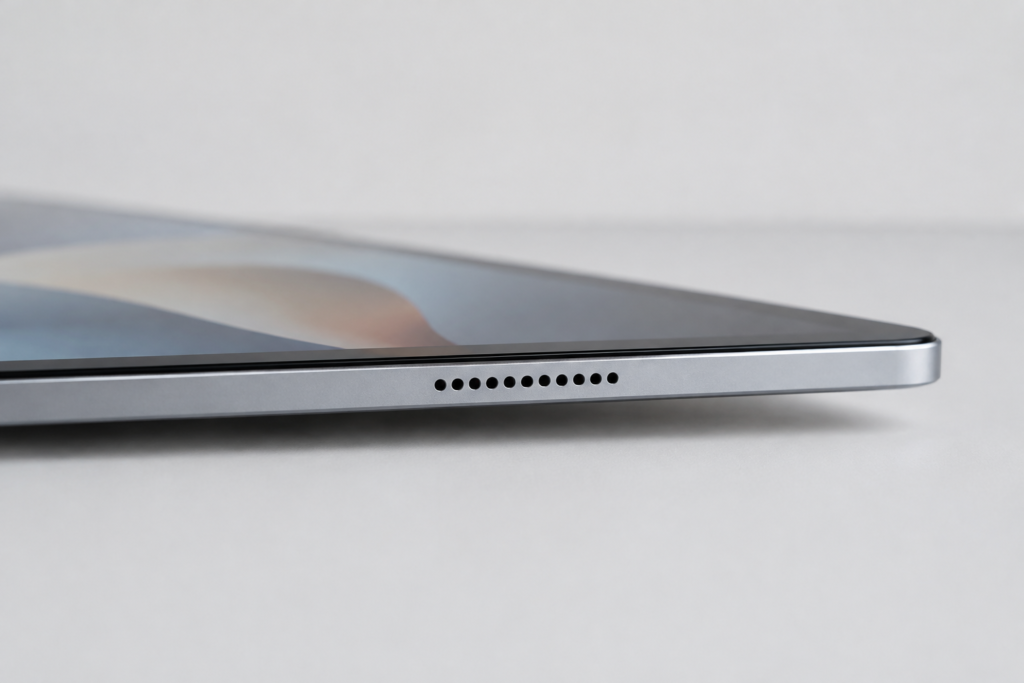 side view showing slim profile and speaker grille