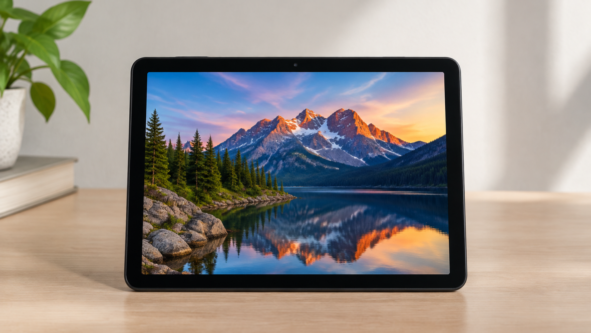front view of tablet in Midnight color with OLED screen
