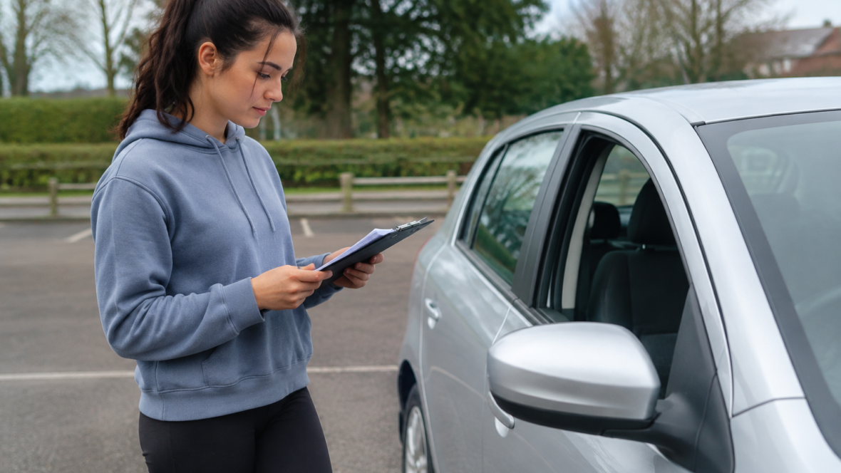 учениця автошколи біля автомобіля перед іспитом