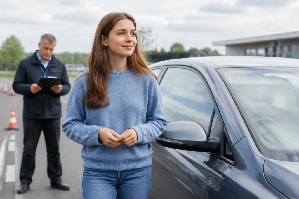 учениця автошколи перед практичним іспитом