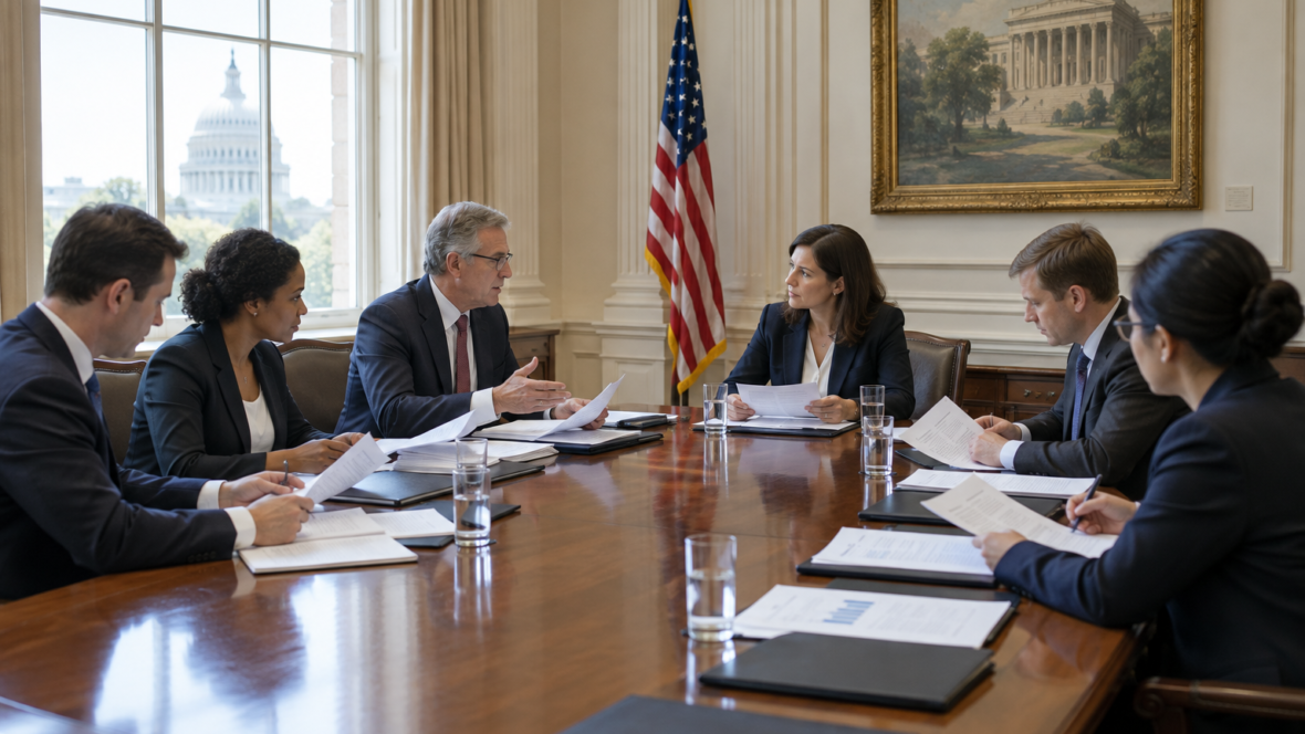 meeting room with officials and documents