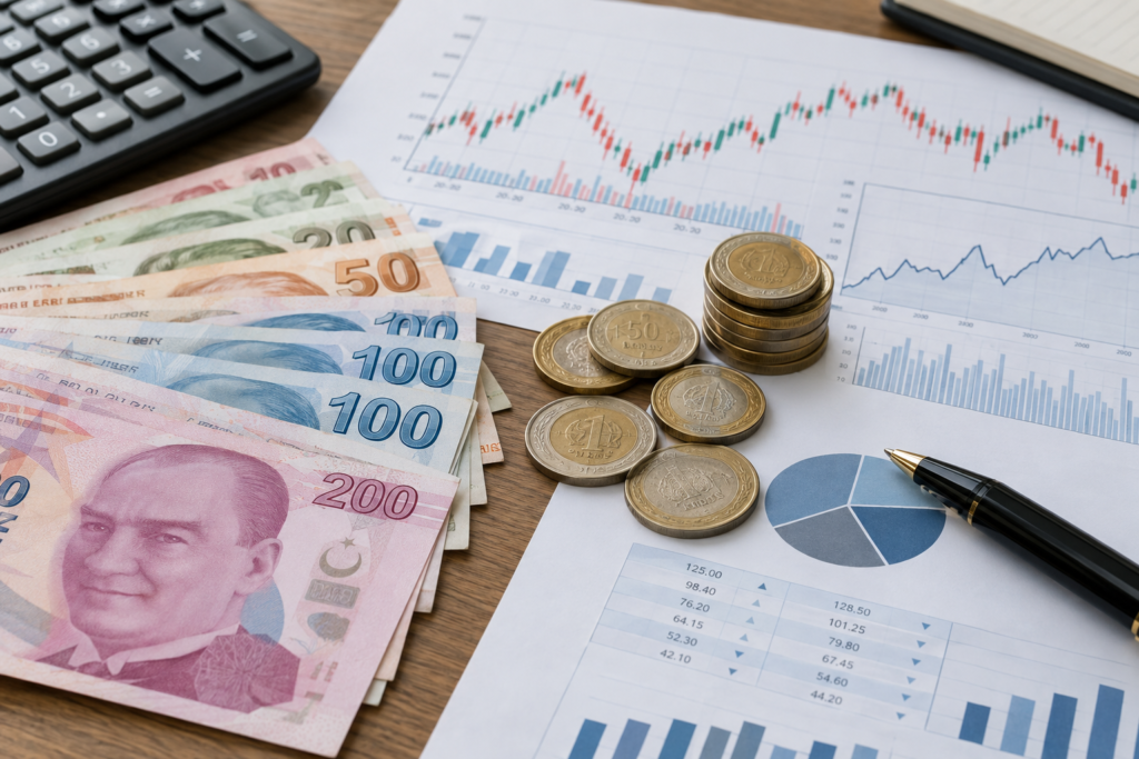 купюри ліри поруч із фінансовими документами і графіком