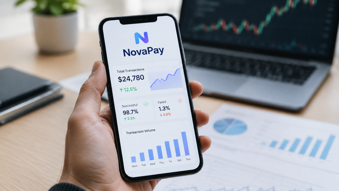 логотип NovaPay на екрані смартфона та фінансові графіки
