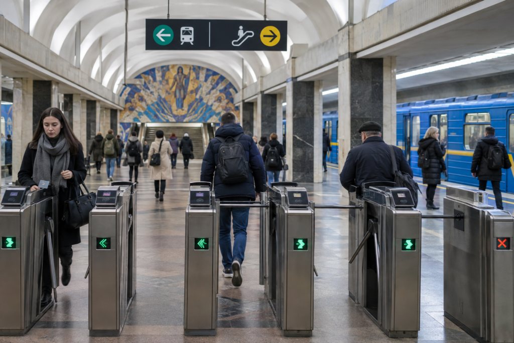 станція метро з пасажирами та турнікетами