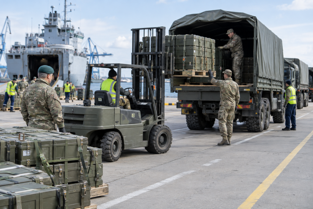 Military aid crates loaded onto transport vehicles