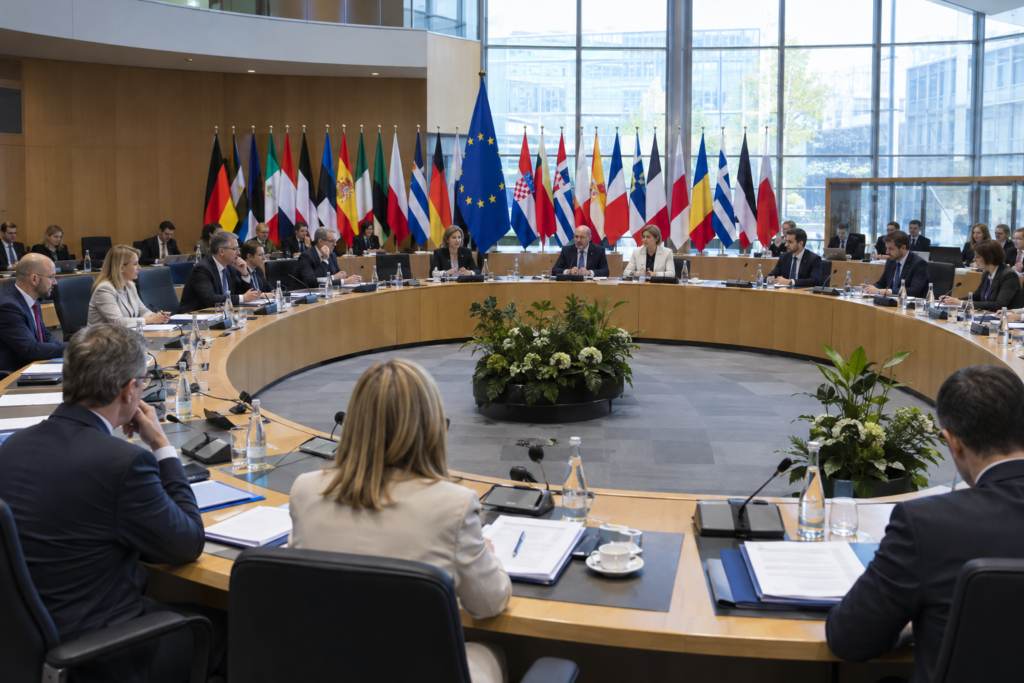EU council meeting with flags and delegates