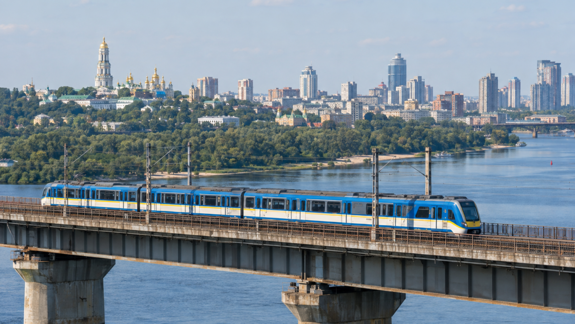 поїзд на мосту з міським горизонтом