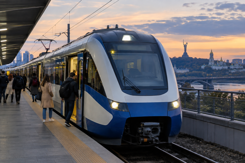 поезд Kyiv City Express на платформе вечером